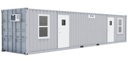 Gray modular building with multiple entry doors, representing a temporary modular building solution for various construction needs.
