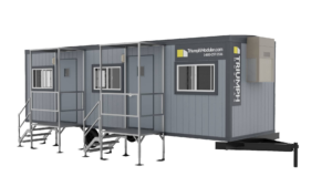 8x32 office trailer with single entry door, exterior stairs, and HVAC unit, shown on white background with Triumph Modular branding