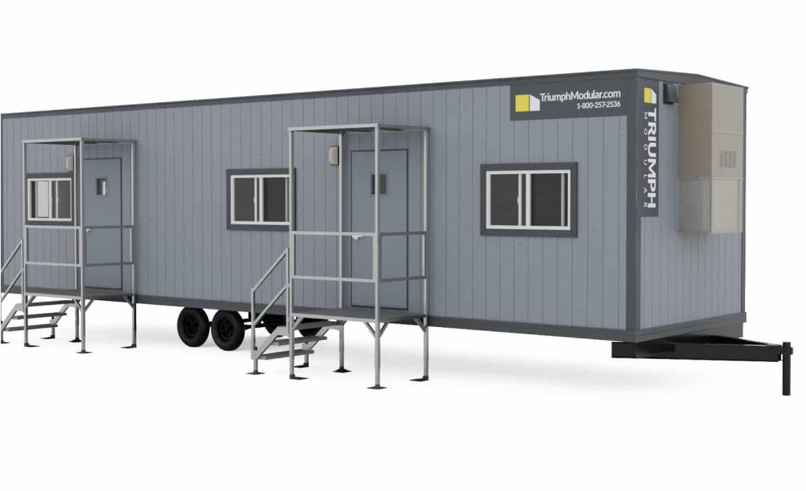Modular building by Triumph Modular featuring a temporary modular building design with accessible steps and multiple entry points.