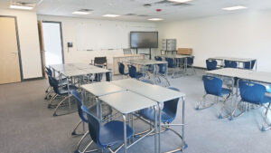 modular classroom interior with desks