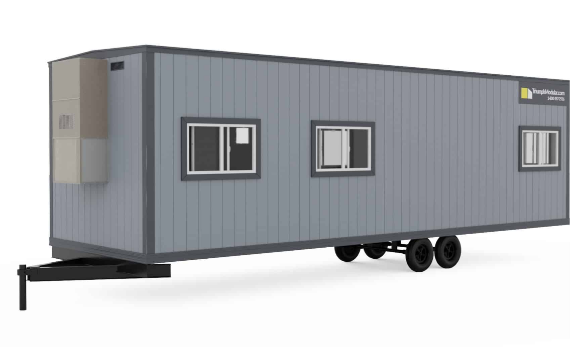 Triumph Modular temporary building with multiple windows and a sleek design, showcasing modern modular construction features.