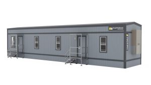 12x64 modular office trailer with multiple windows, exterior steps, and HVAC system, branded with Triumph Modular logo