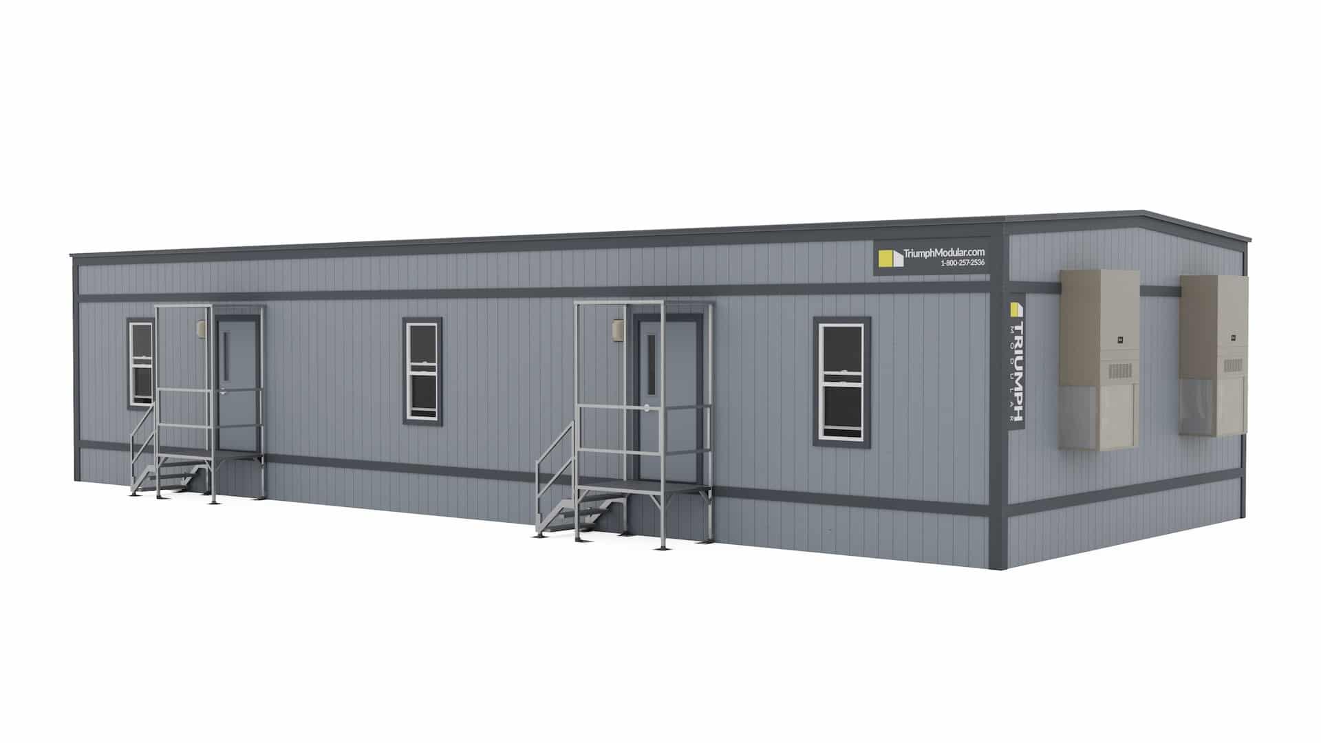 Modular building designed by Triumph Modular, featuring a gray exterior with multiple windows and access steps, suitable for temporary or permanent modular construction.