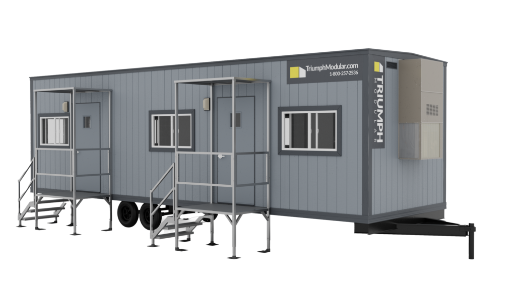 10x36 office trailer with white siding and front steps, designed for jobsite use